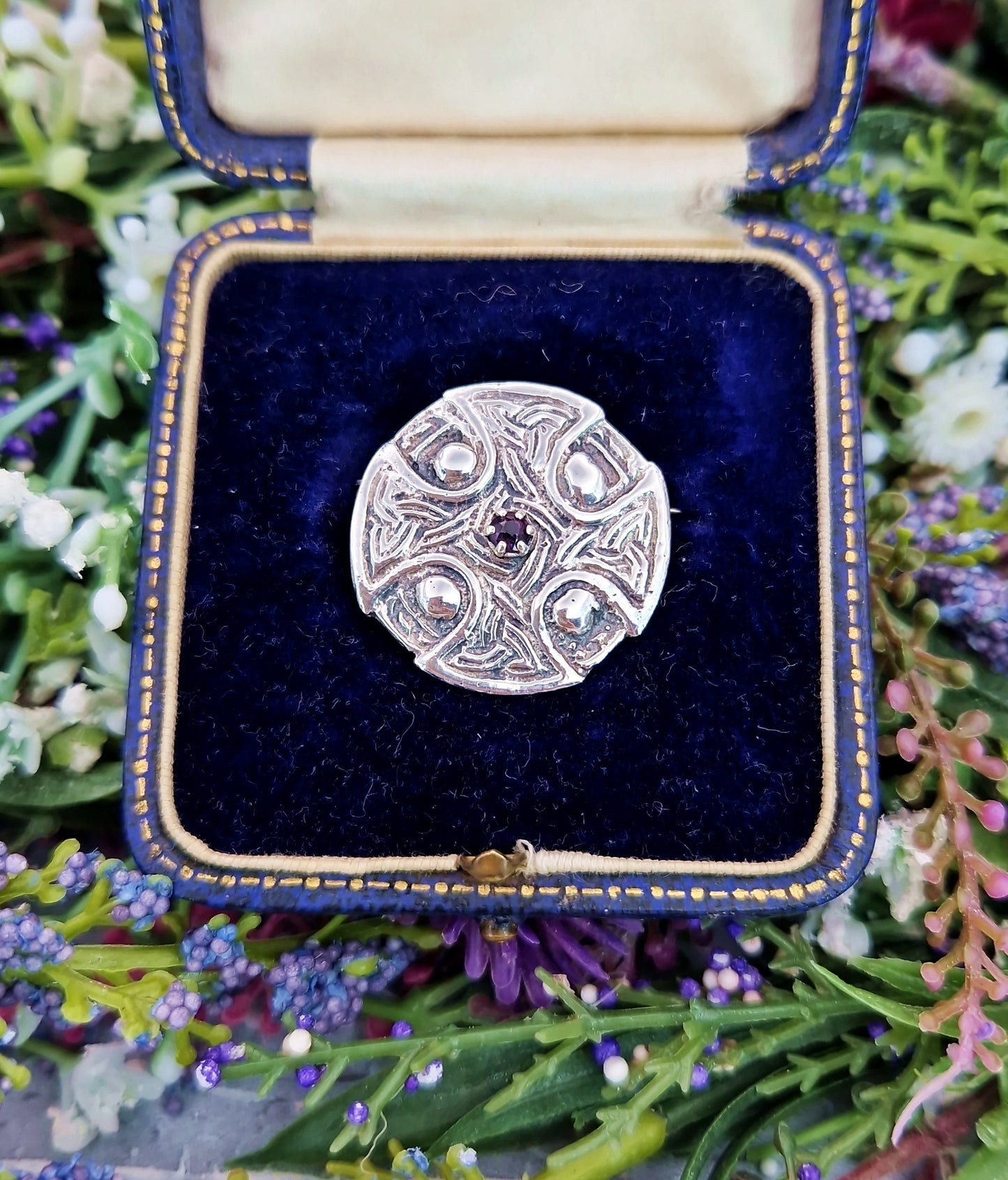 Vintage Sterling Silver Celtic Circular Shield Amethyst Brooch Pin