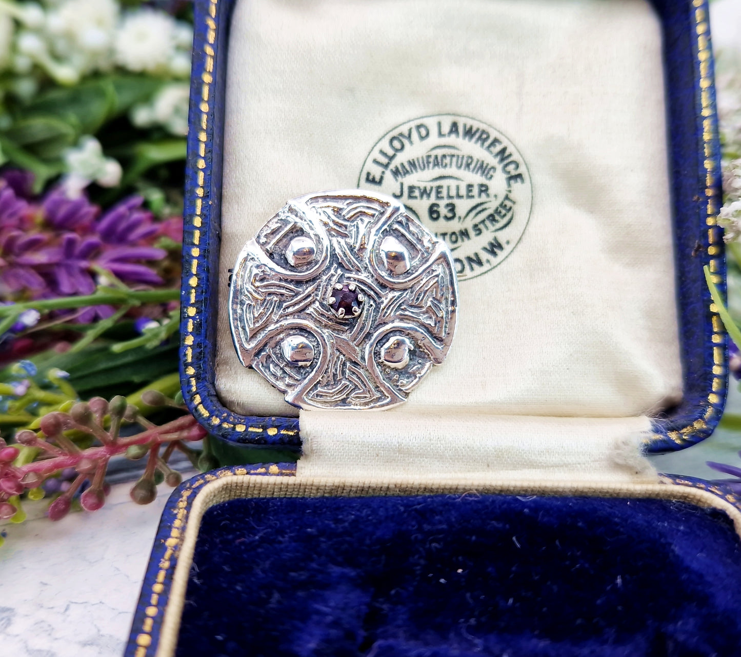 Vintage Sterling Silver Celtic Circular Shield Amethyst Brooch Pin