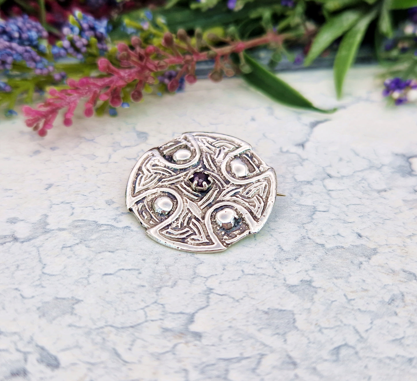 Vintage Sterling Silver Celtic Circular Shield Amethyst Brooch Pin
