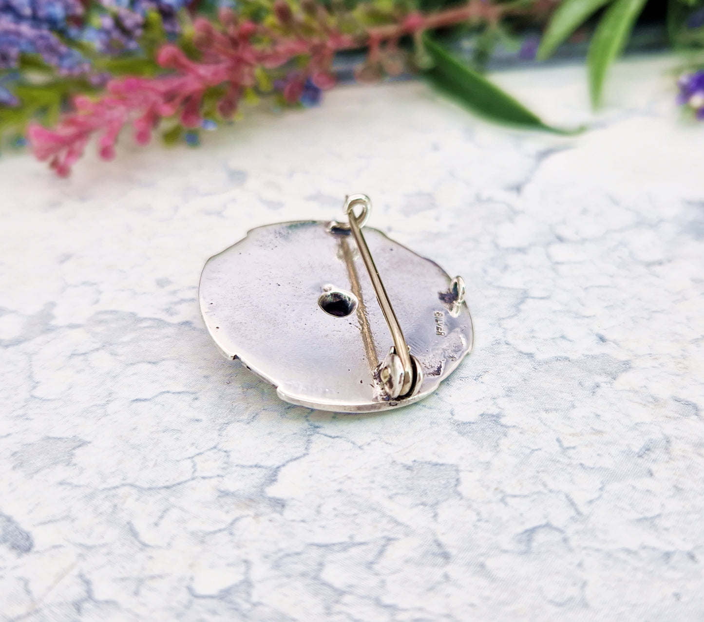 Vintage Sterling Silver Celtic Circular Shield Amethyst Brooch Pin