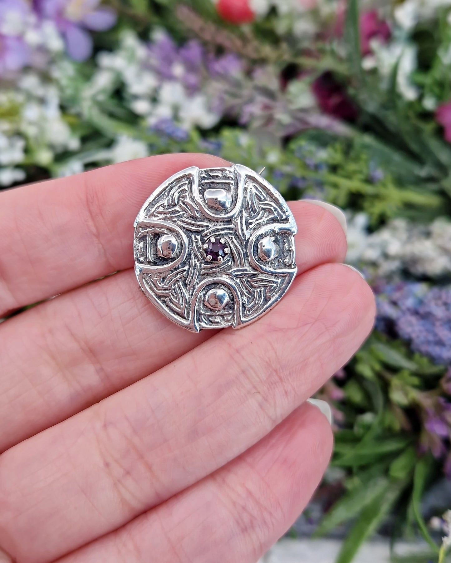 Vintage Sterling Silver Celtic Circular Shield Amethyst Brooch Pin