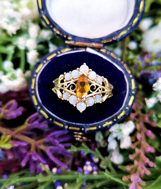 Vintage 9ct Yellow Gold Unique Opal and Citrine Gemstone Ring / Size O 1/2 or 7.75