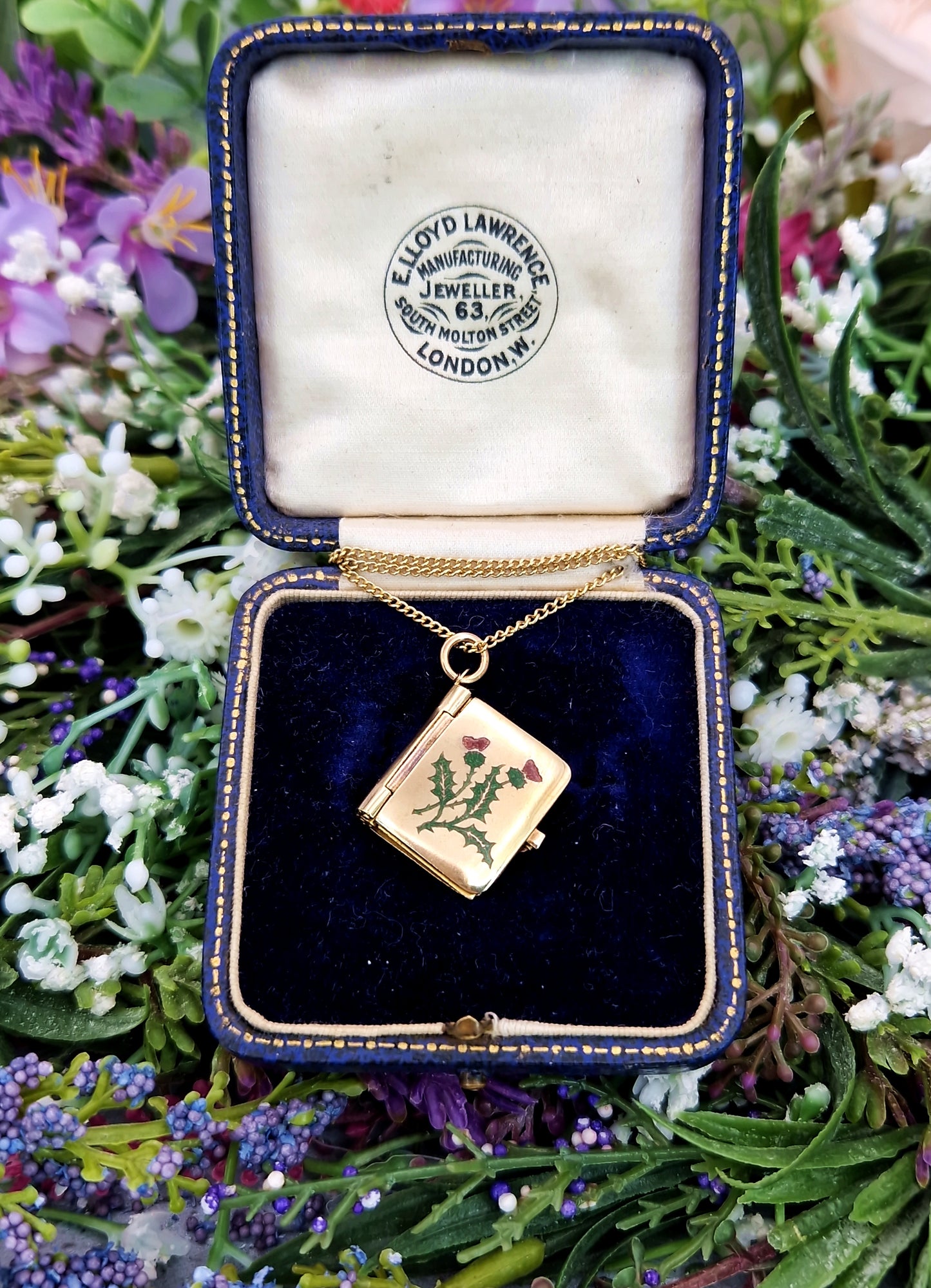Antique Art Deco Gold Tone Enamel Scottish Thistle Robert Burns Book Locket / Pendant