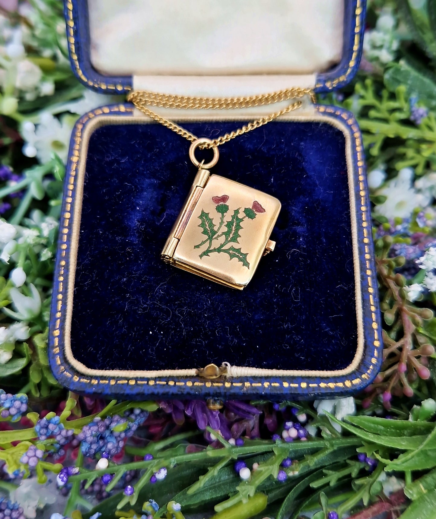 Antique Art Deco Gold Tone Enamel Scottish Thistle Robert Burns Book Locket / Pendant