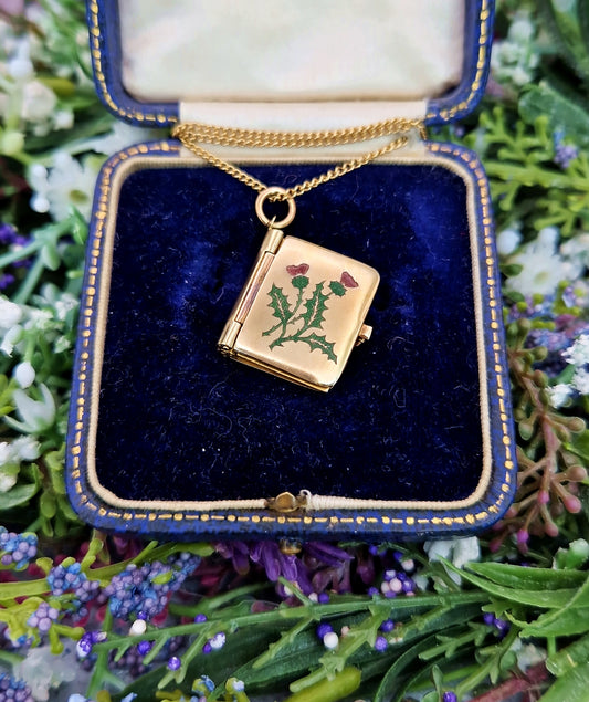 Antique Art Deco Gold Tone Enamel Scottish Thistle Robert Burns Book Locket / Pendant