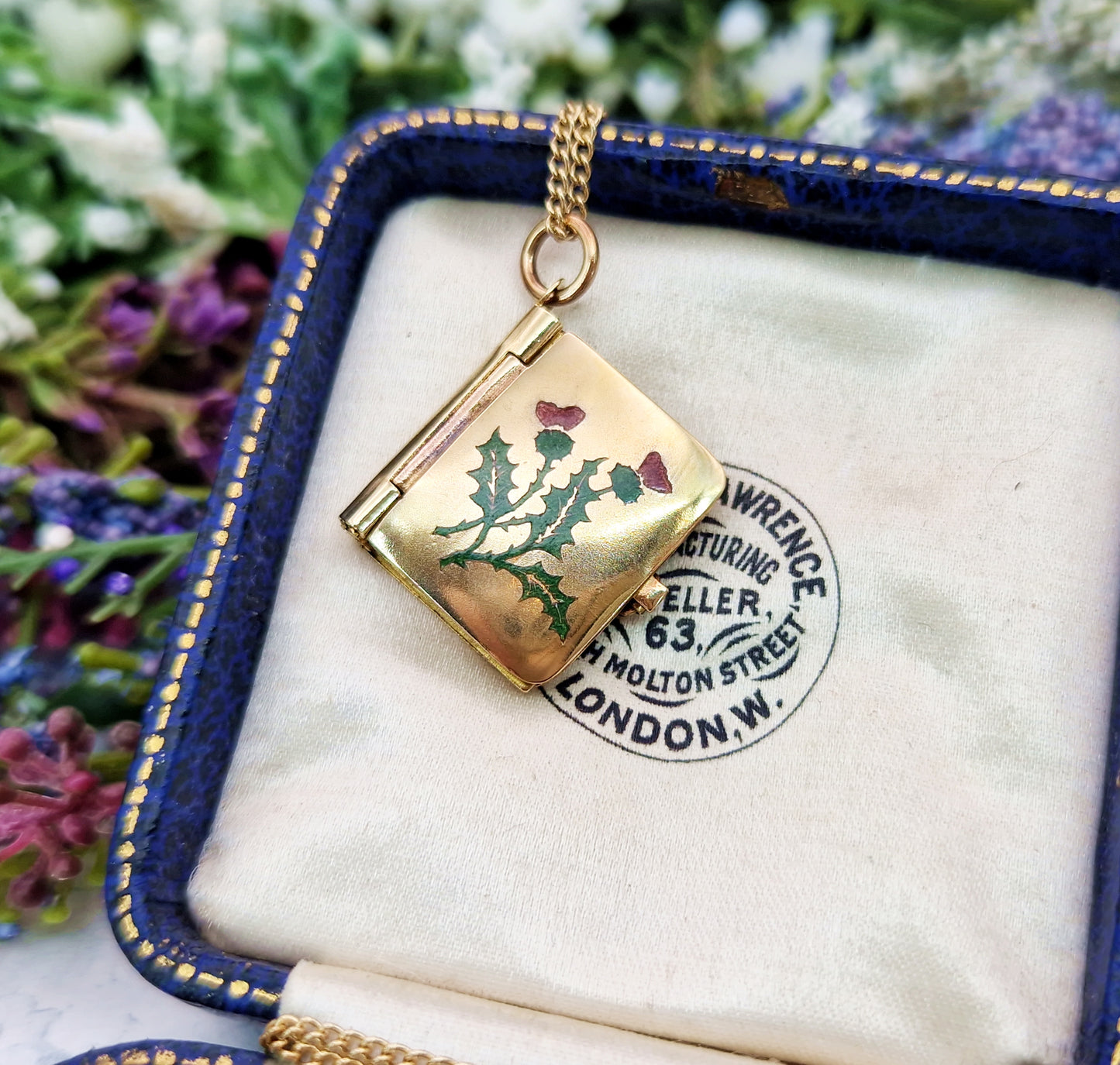 Antique Art Deco Gold Tone Enamel Scottish Thistle Robert Burns Book Locket / Pendant
