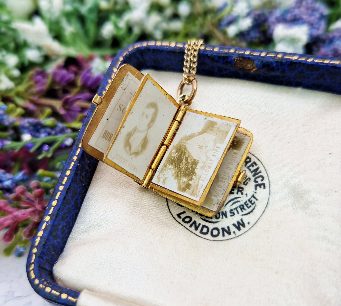 Antique Art Deco Gold Tone Enamel Scottish Thistle Robert Burns Book Locket / Pendant