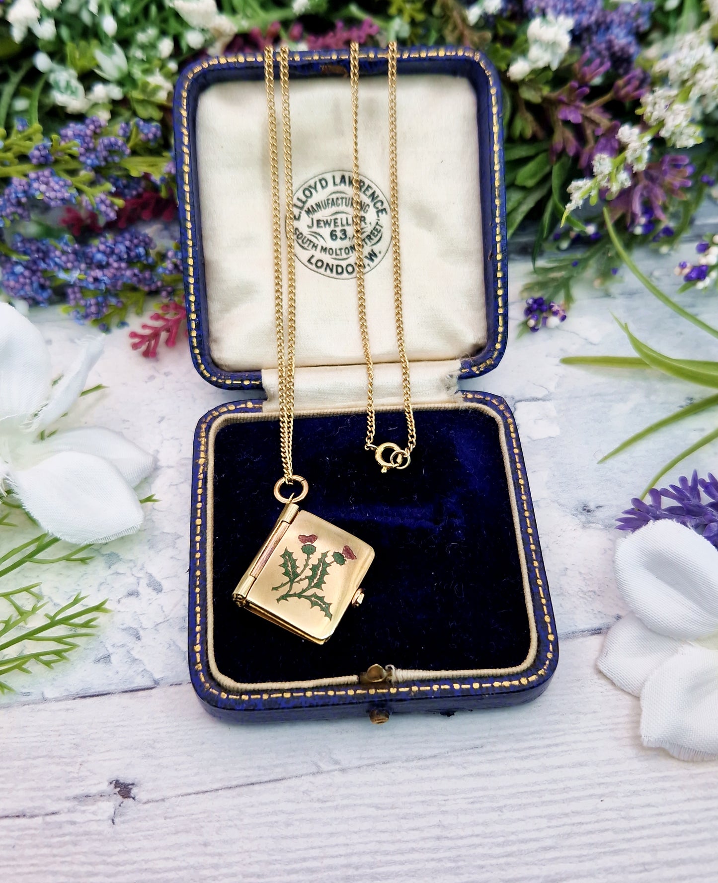 Antique Art Deco Gold Tone Enamel Scottish Thistle Robert Burns Book Locket / Pendant