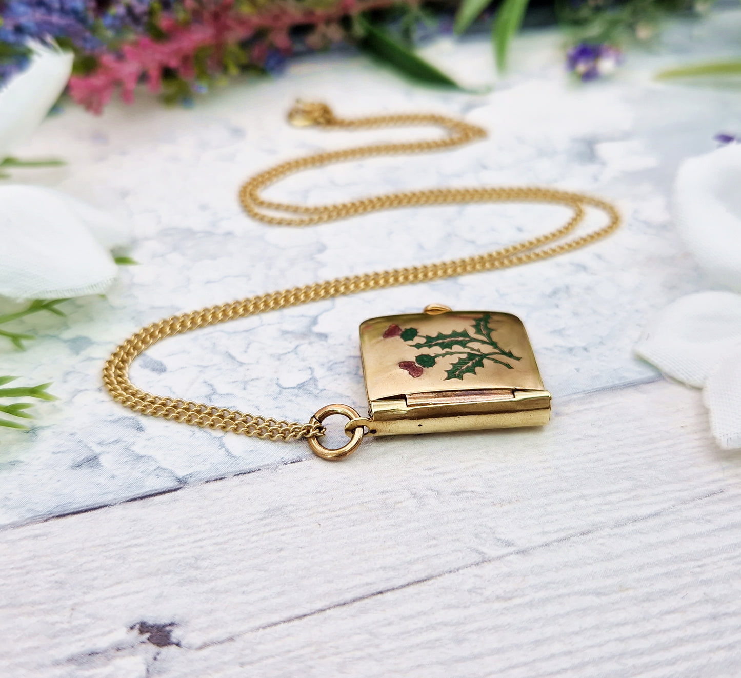Antique Art Deco Gold Tone Enamel Scottish Thistle Robert Burns Book Locket / Pendant