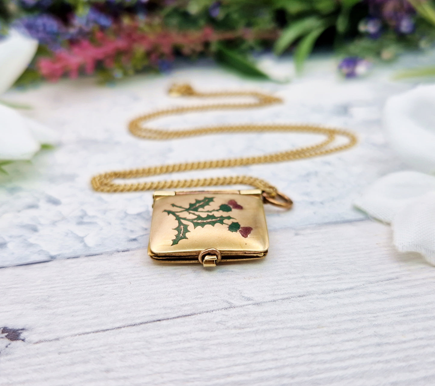 Antique Art Deco Gold Tone Enamel Scottish Thistle Robert Burns Book Locket / Pendant