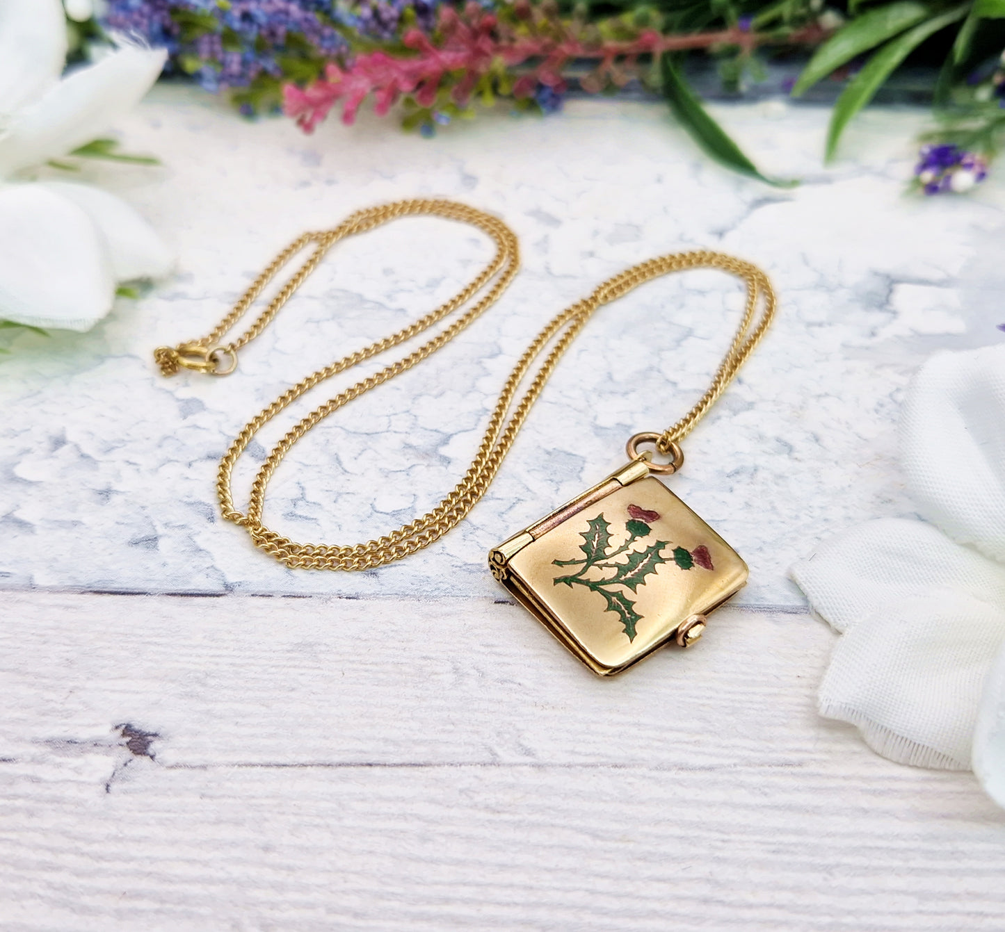 Antique Art Deco Gold Tone Enamel Scottish Thistle Robert Burns Book Locket / Pendant