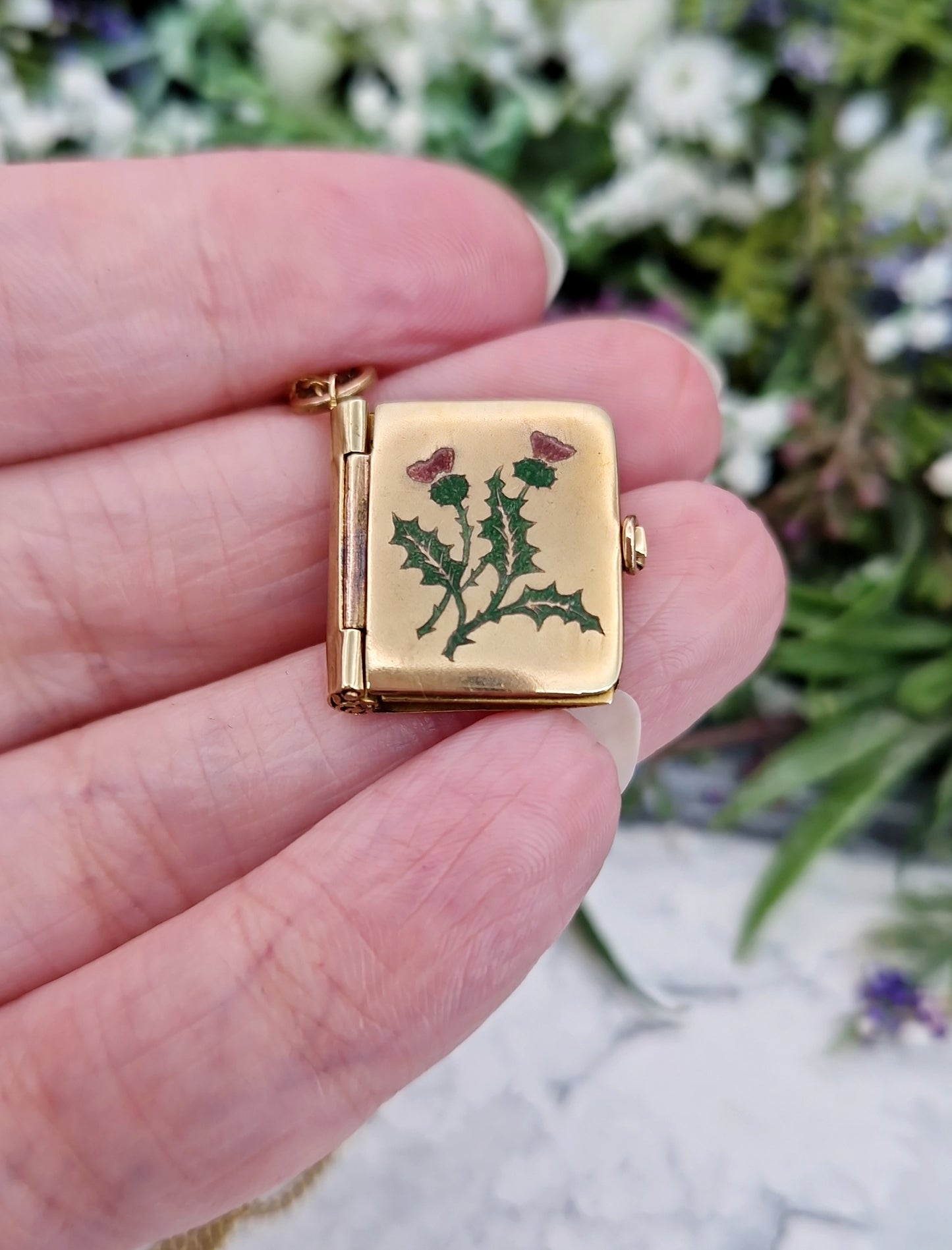 Antique Art Deco Gold Tone Enamel Scottish Thistle Robert Burns Book Locket / Pendant