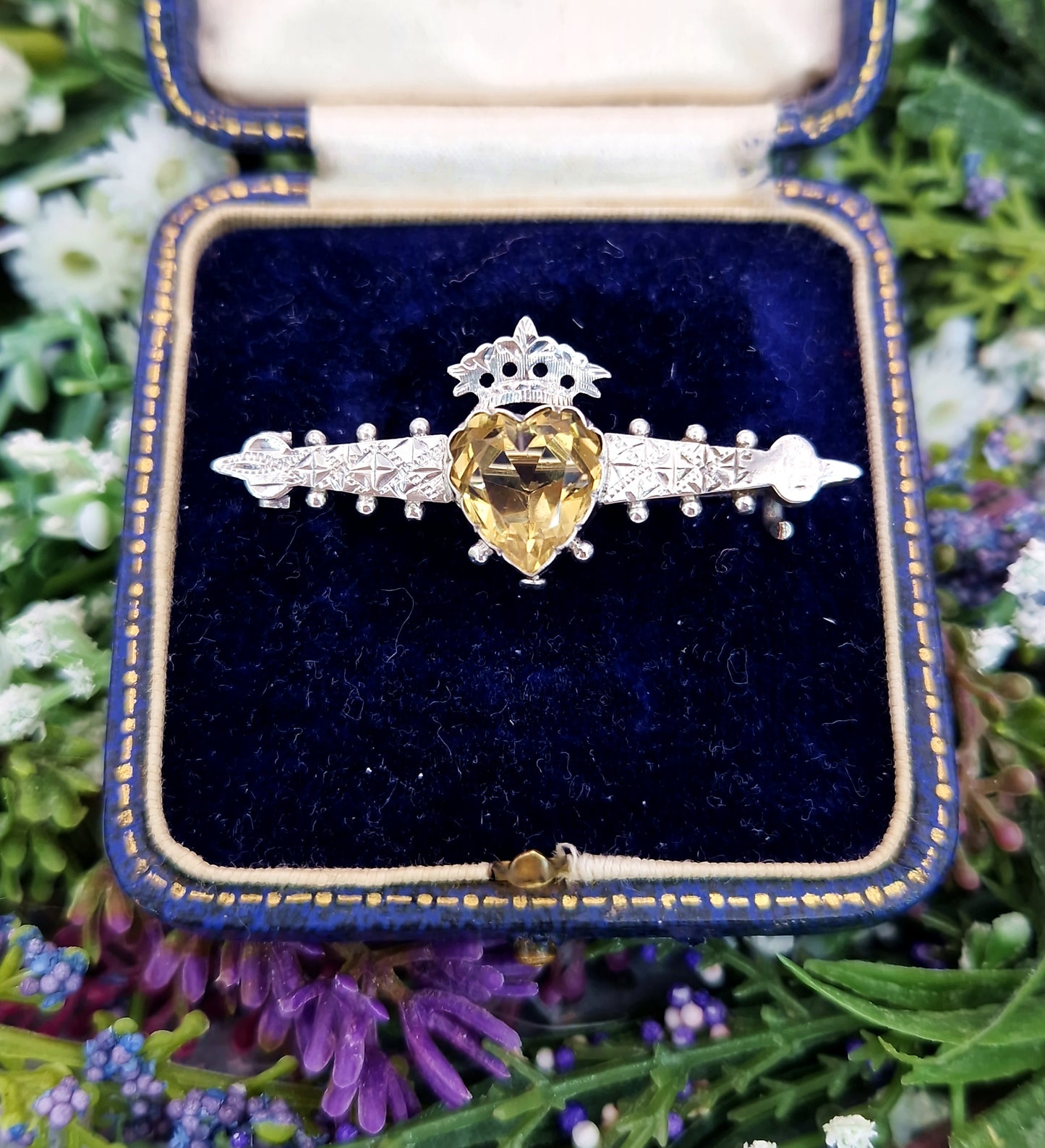 Antique Victorian Sterling Silver Luckenbooth Brooch with Heart Shaped Citrine Gemstone
