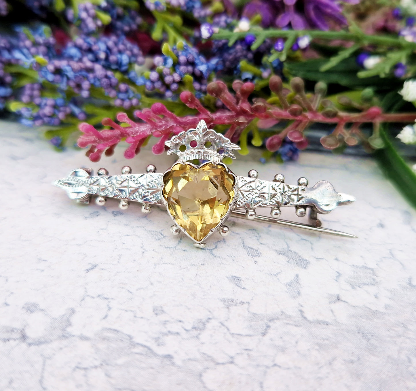 Antique Victorian Sterling Silver Luckenbooth Brooch with Heart Shaped Citrine Gemstone