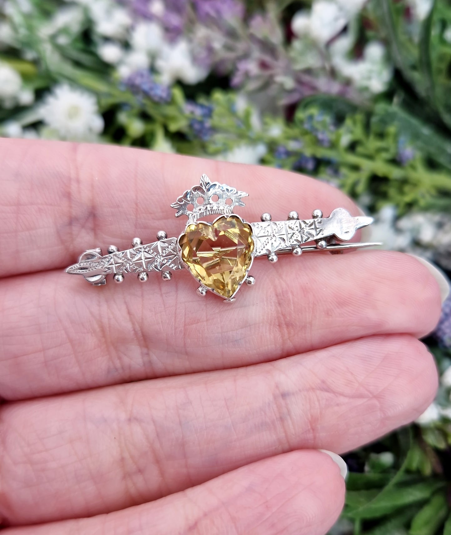 Antique Victorian Sterling Silver Luckenbooth Brooch with Heart Shaped Citrine Gemstone