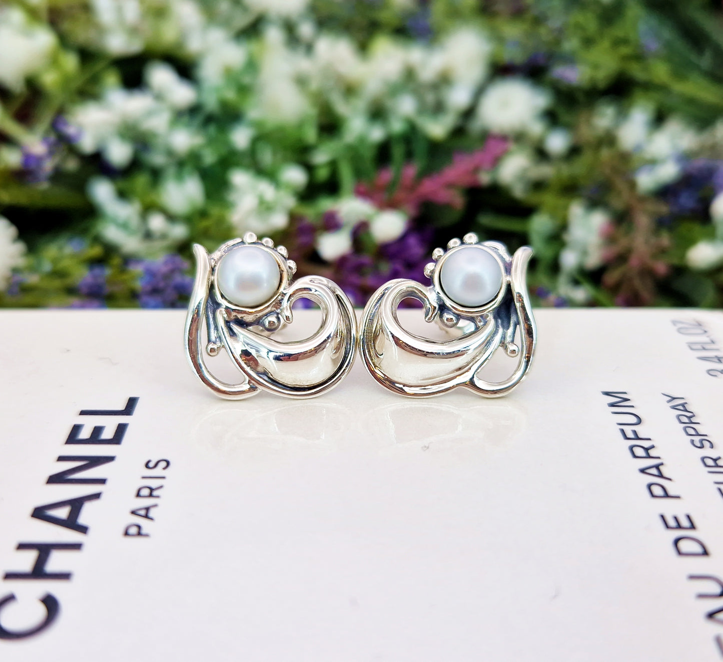 Vintage Art Nouveau Style Sterling Silver White Pearl Swirl Stud Earrings