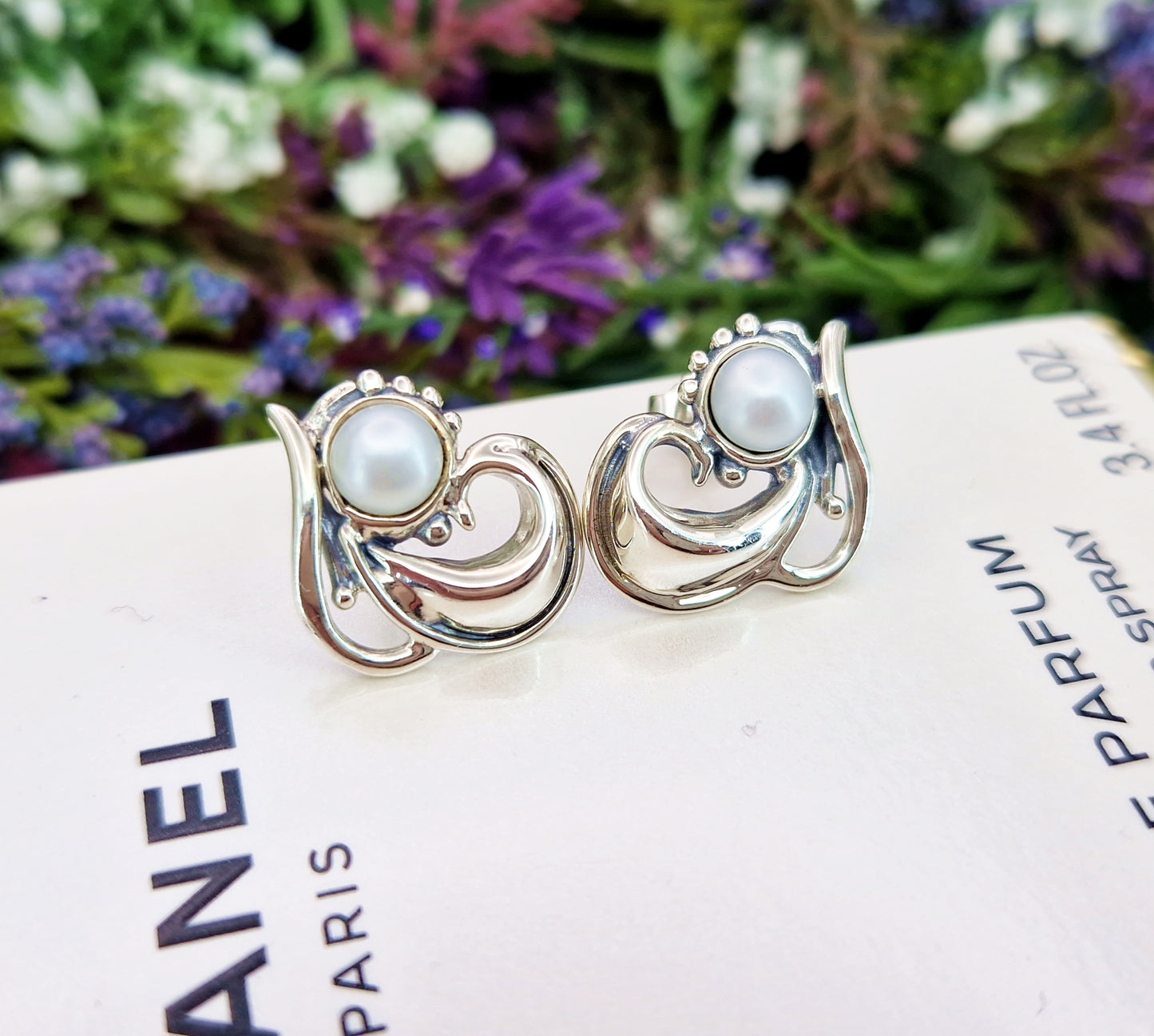 Vintage Art Nouveau Style Sterling Silver White Pearl Swirl Stud Earrings