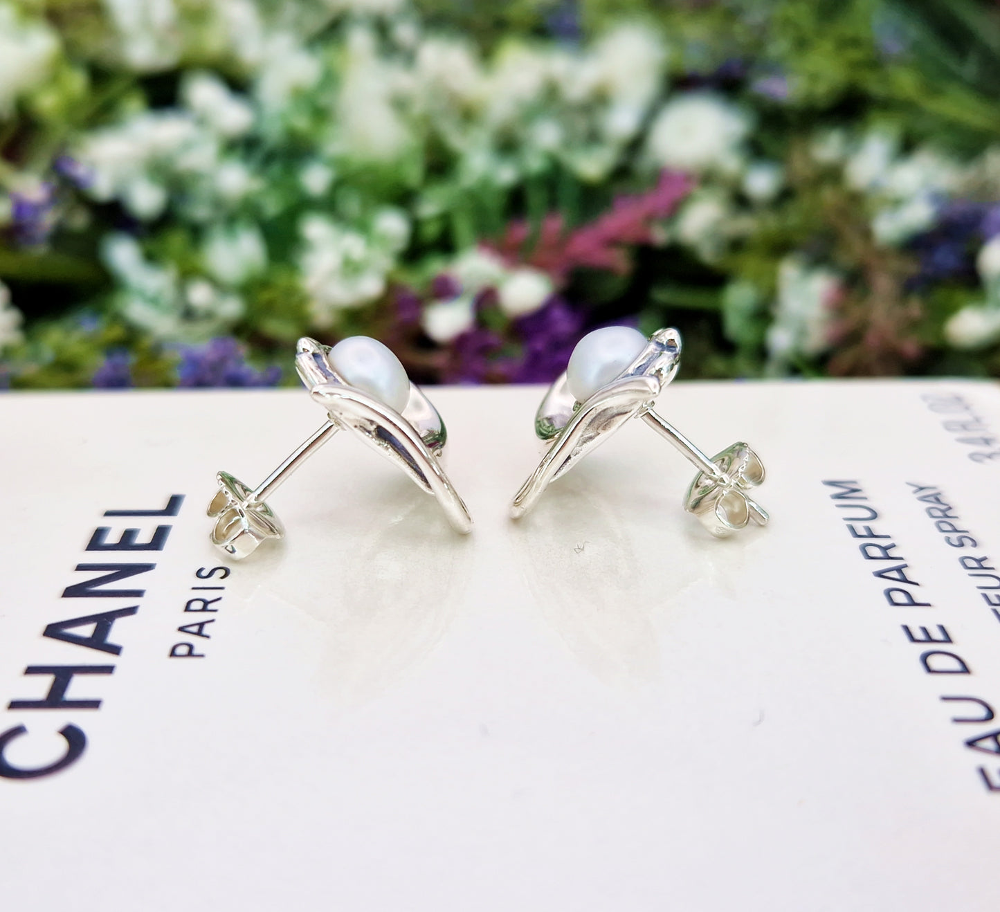 Vintage Art Nouveau Style Sterling Silver White Pearl Swirl Stud Earrings