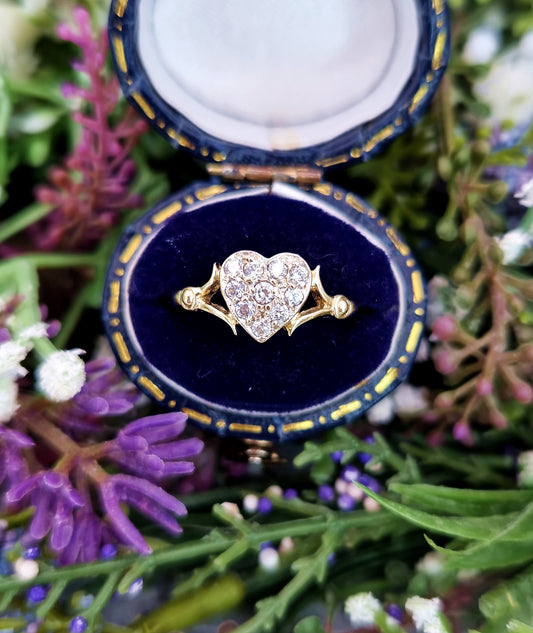 Vintage 9ct Yellow Gold Ornate Love Heart Crystal Cluster Ring / Size M 1/2 or 6.75