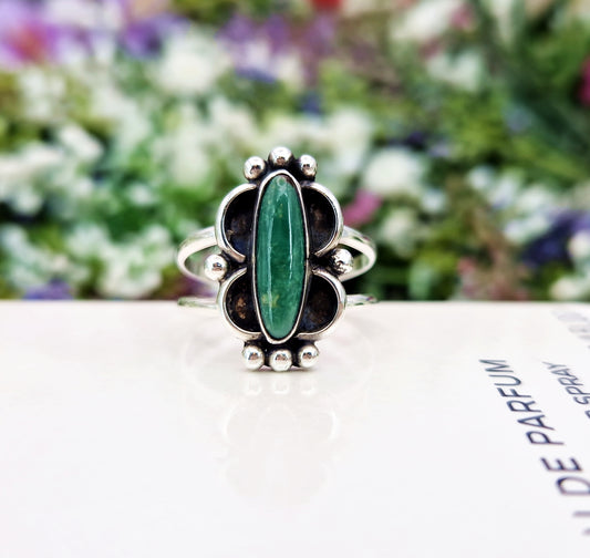 Vintage Sterling Silver Southwestern Style Green Jasper Statement Ring / Size O or 7.5