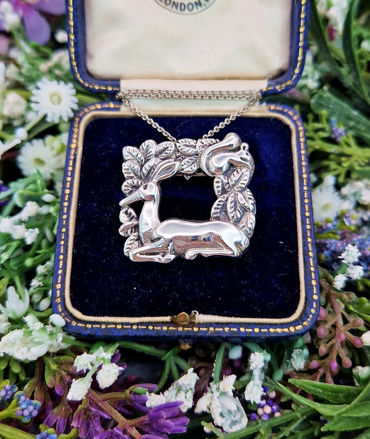 Vintage Sterling Silver Deer and Squirrel Woodland Scene Pendant Brooch / 12.8 grams