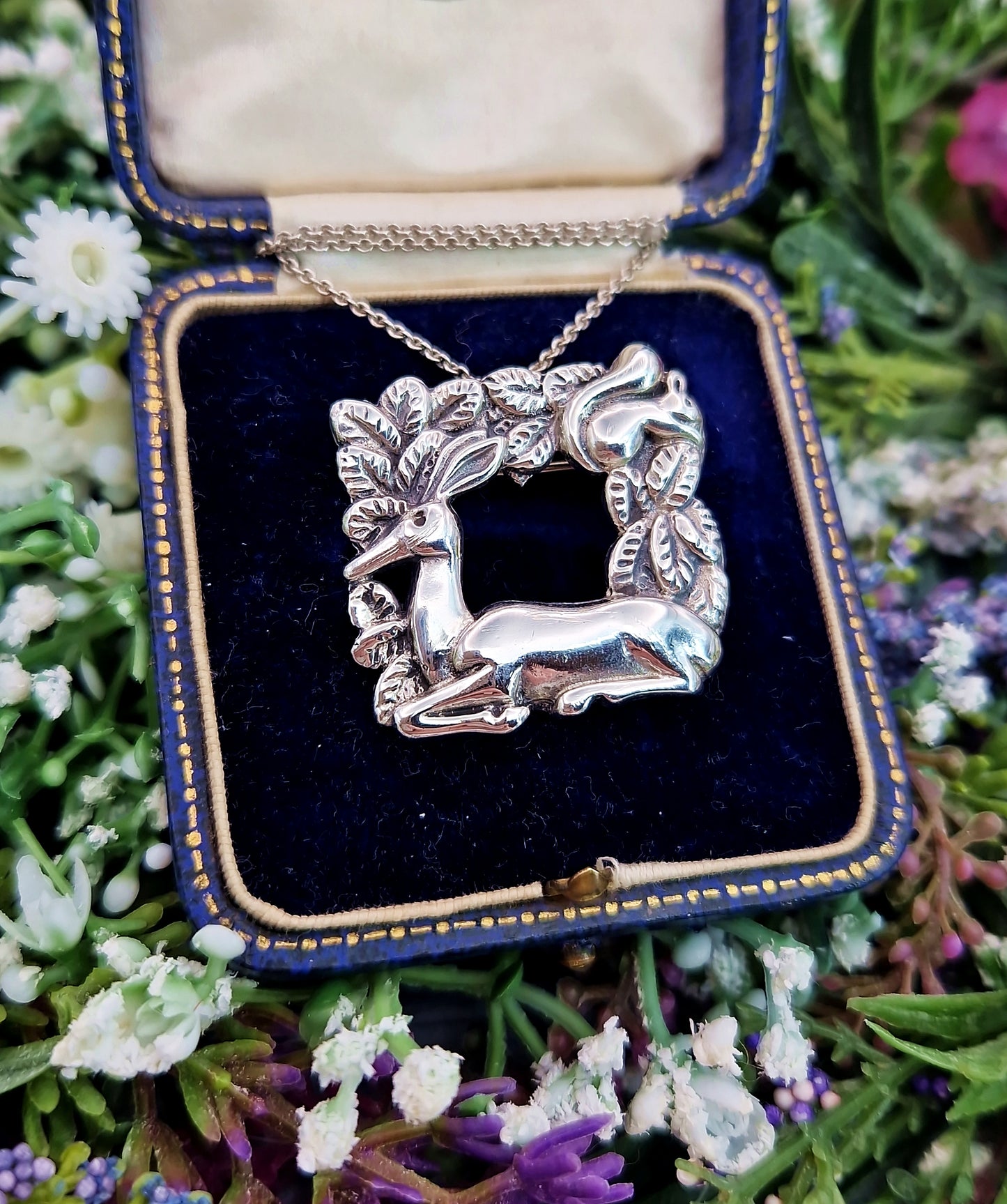 Vintage Sterling Silver Deer and Squirrel Woodland Scene Pendant Brooch / 12.8 grams