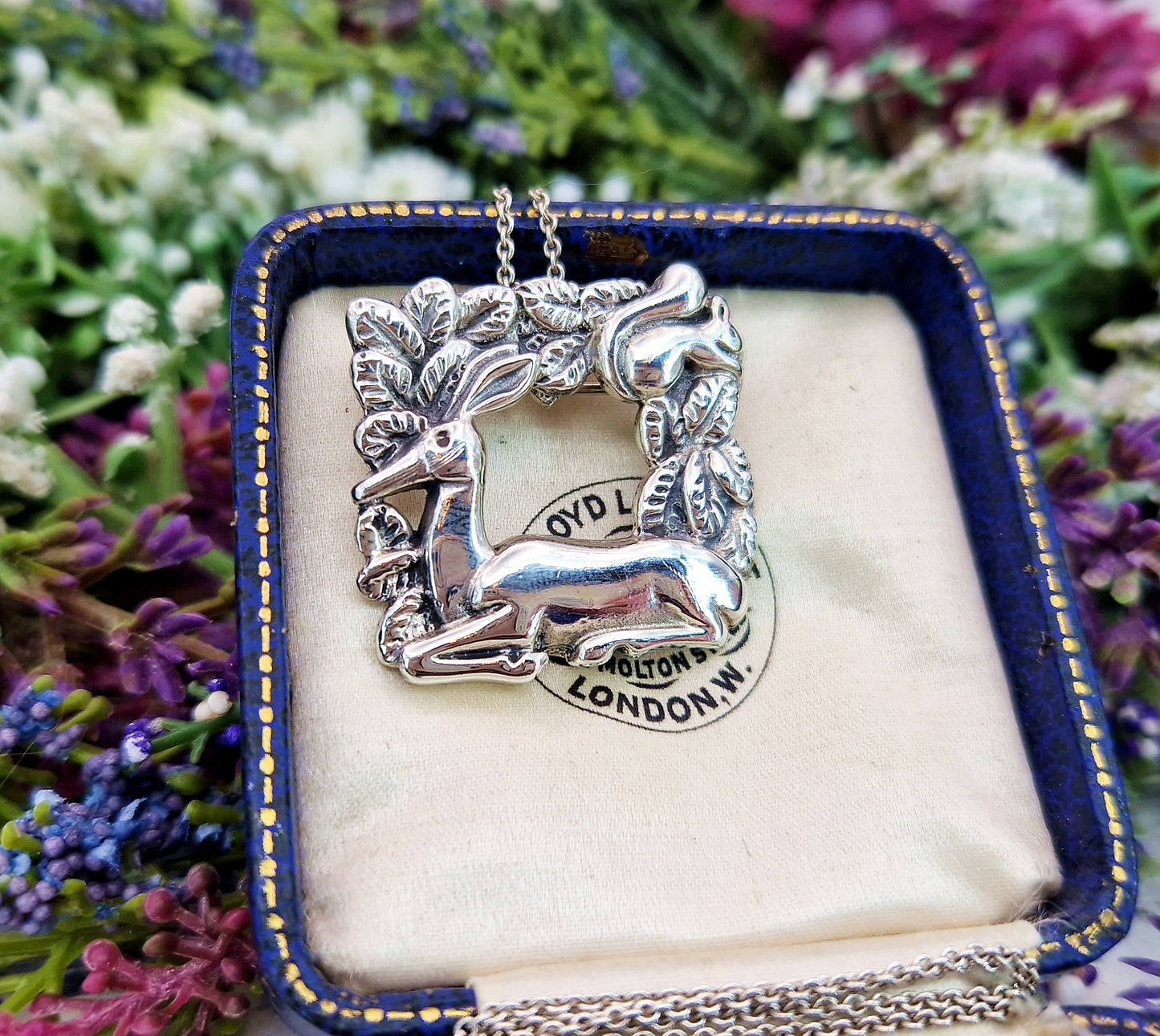 Vintage Sterling Silver Deer and Squirrel Woodland Scene Pendant Brooch / 12.8 grams
