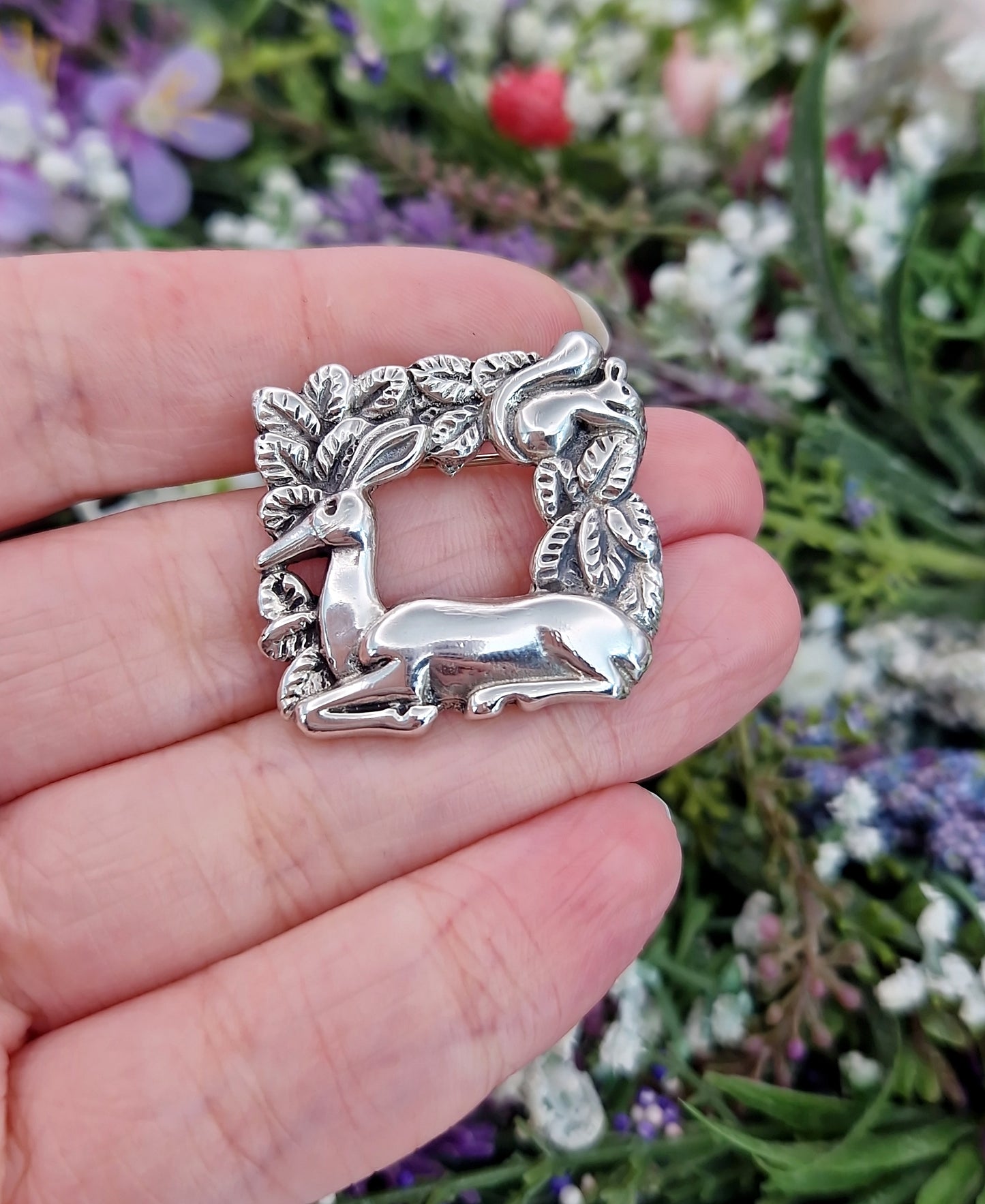 Vintage Sterling Silver Deer and Squirrel Woodland Scene Pendant Brooch / 12.8 grams