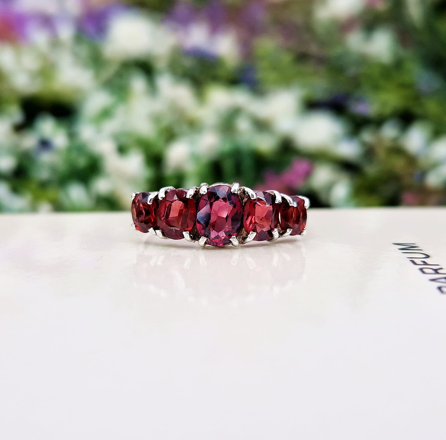 Antique Art Deco Sterling Silver 935 Natural Garnet 5 Stone Ring / Size M 1/2 or 6.75