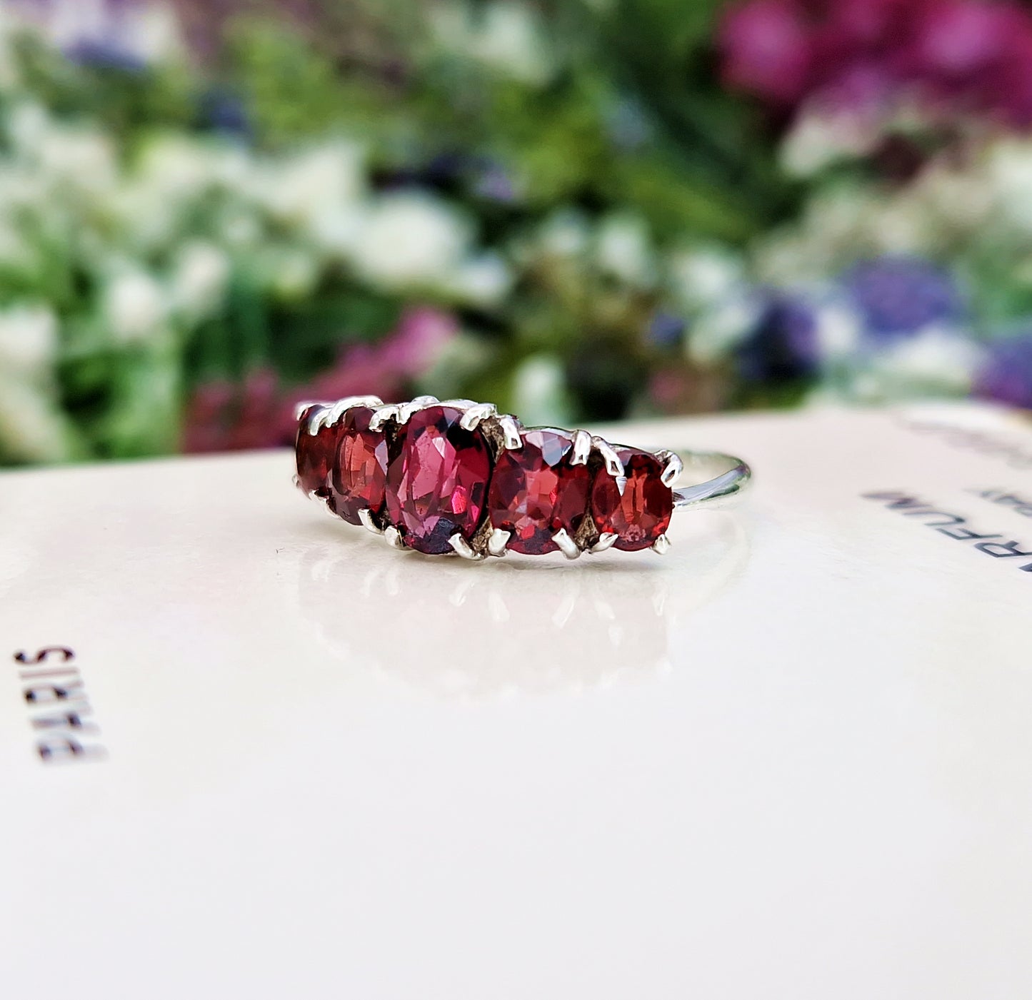 Antique Art Deco Sterling Silver 935 Natural Garnet 5 Stone Ring / Size M 1/2 or 6.75