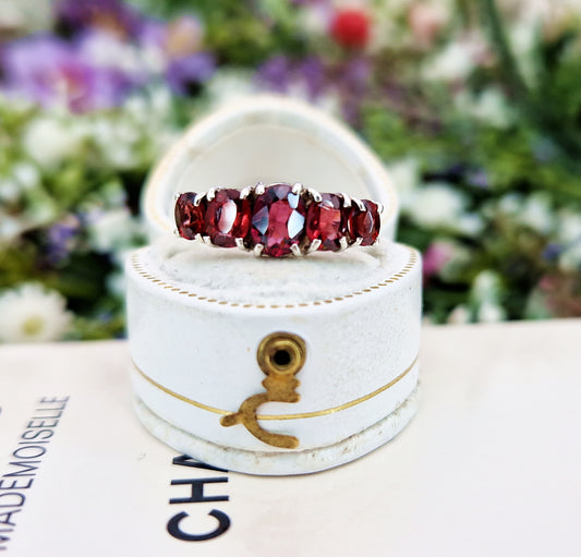 Antique Art Deco Sterling Silver 935 Natural Garnet 5 Stone Ring / Size M 1/2 or 6.75