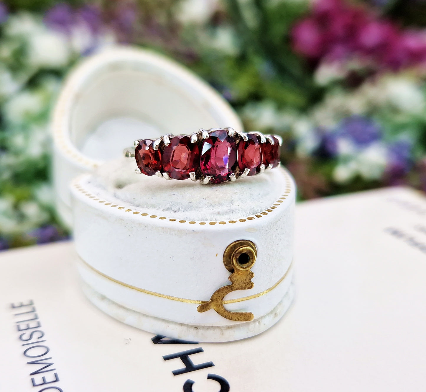 Antique Art Deco Sterling Silver 935 Natural Garnet 5 Stone Ring / Size M 1/2 or 6.75