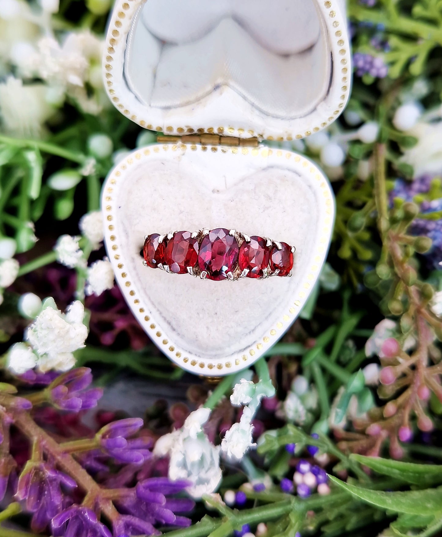 Antique Art Deco Sterling Silver 935 Natural Garnet 5 Stone Ring / Size M 1/2 or 6.75