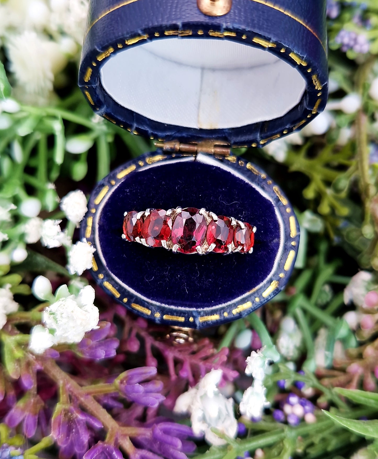 Antique Art Deco Sterling Silver 935 Natural Garnet 5 Stone Ring / Size M 1/2 or 6.75