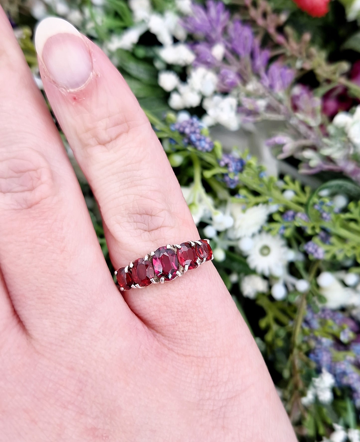 Antique Art Deco Sterling Silver 935 Natural Garnet 5 Stone Ring / Size M 1/2 or 6.75