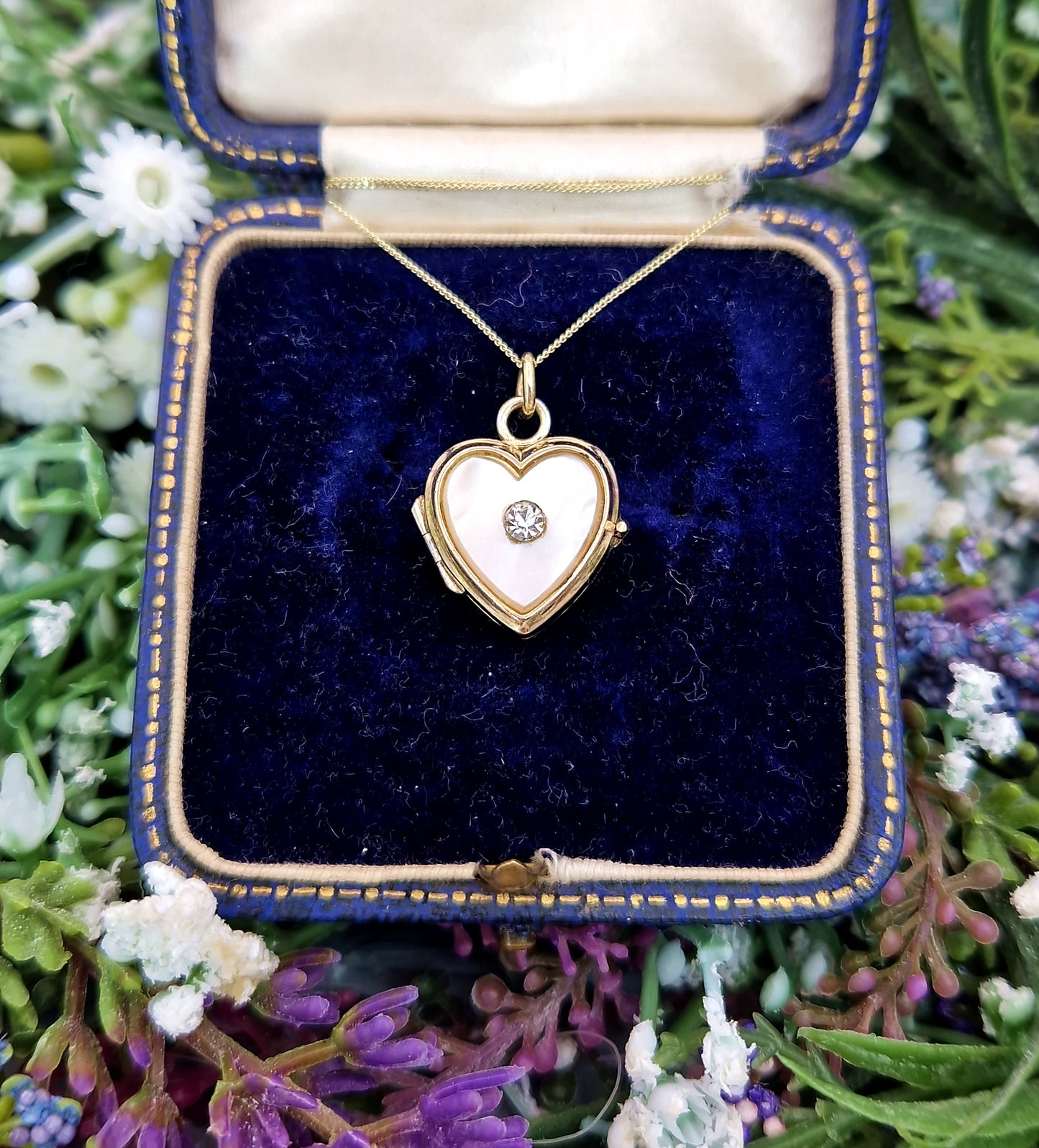 Antique Art Deco Rolled Gold Mother of Pearl & Glass Love Heart Locket Pendant