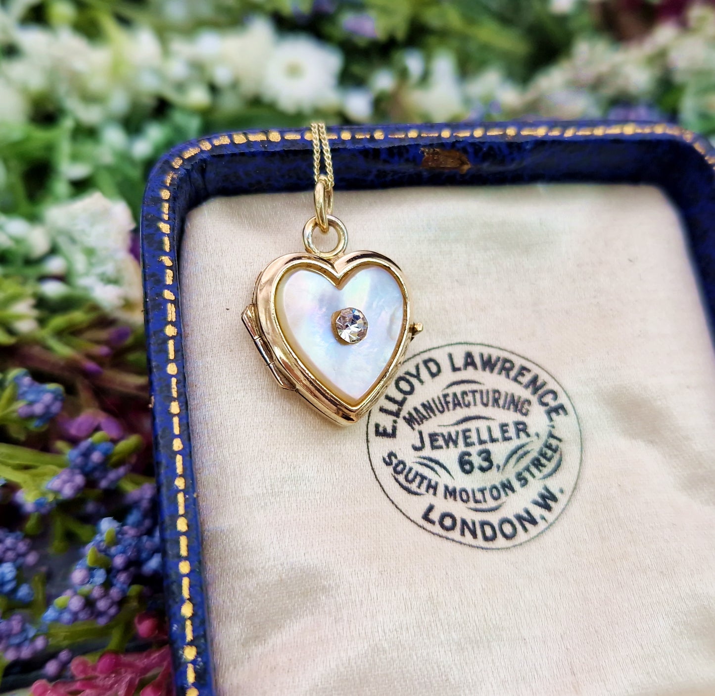 Antique Art Deco Rolled Gold Mother of Pearl & Glass Love Heart Locket Pendant