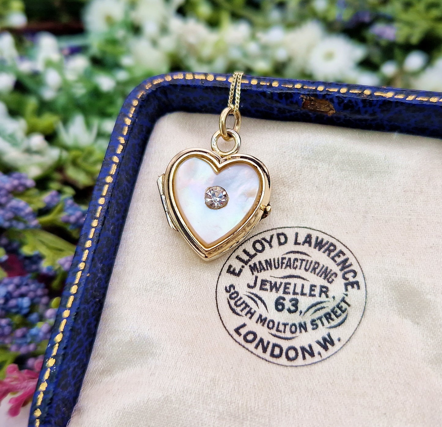 Antique Art Deco Rolled Gold Mother of Pearl & Glass Love Heart Locket Pendant
