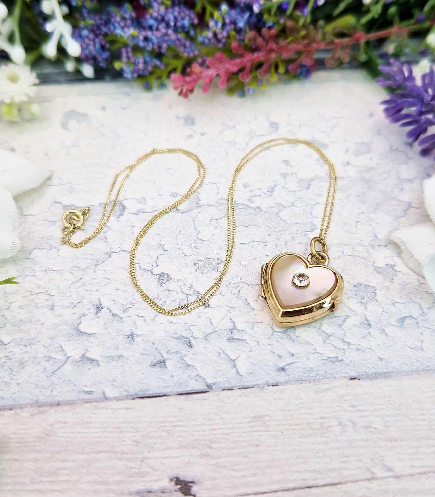 Antique Art Deco Rolled Gold Mother of Pearl & Glass Love Heart Locket Pendant