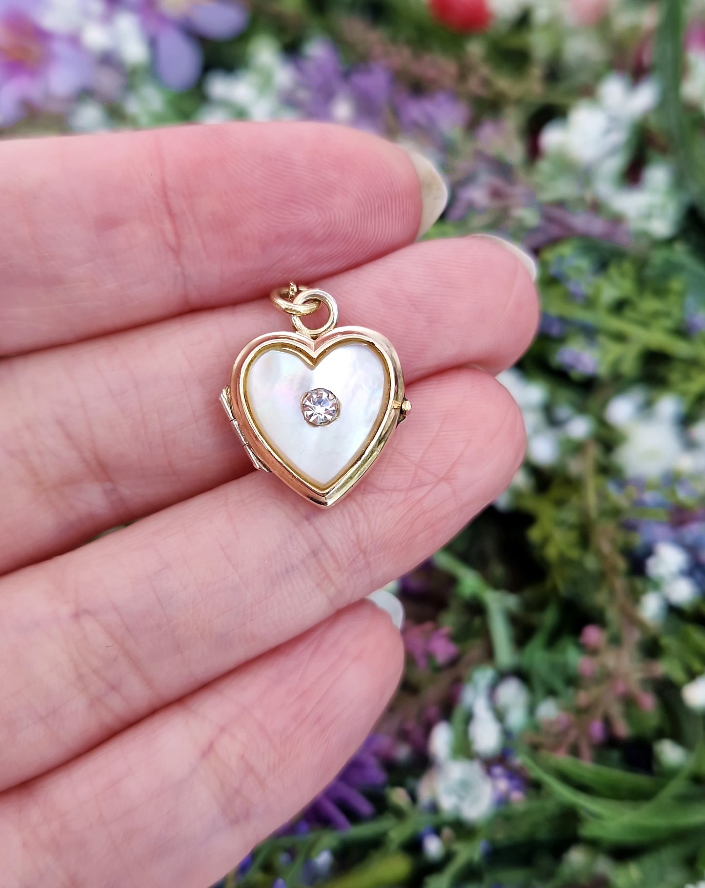 Antique Art Deco Rolled Gold Mother of Pearl & Glass Love Heart Locket Pendant