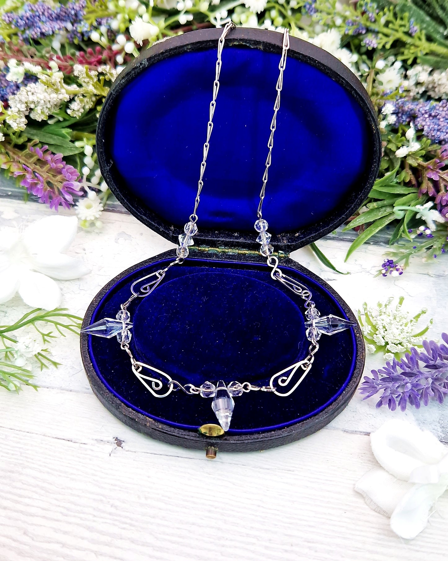 Antique Art Deco 1920's Sterling Silver Ornate Crystal Bead Statement Necklace