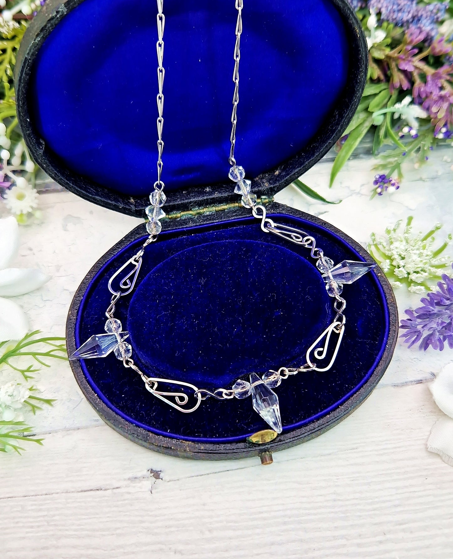 Antique Art Deco 1920's Sterling Silver Ornate Crystal Bead Statement Necklace