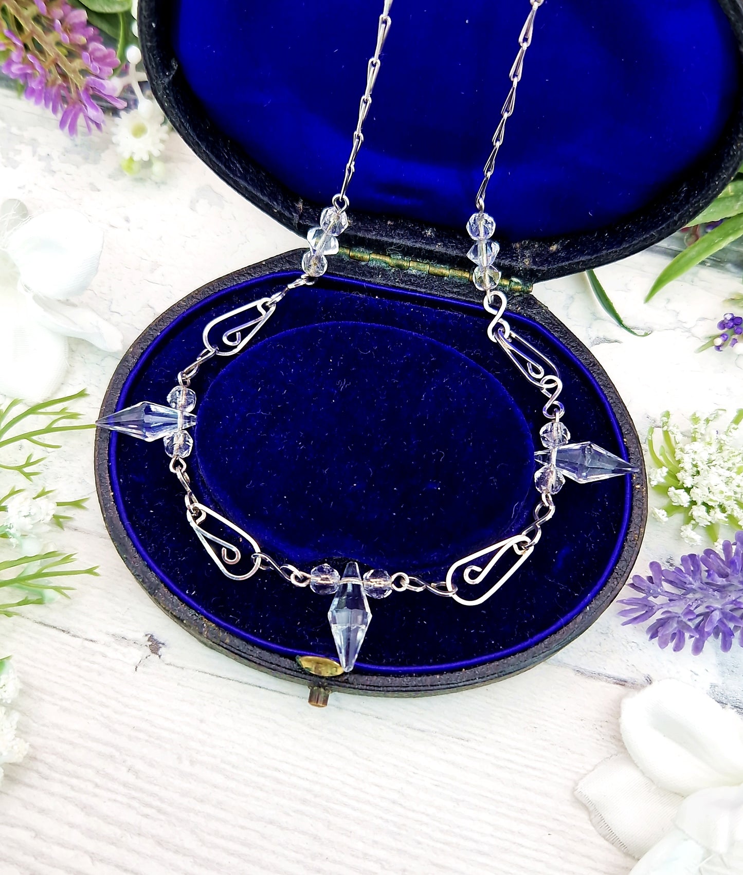Antique Art Deco 1920's Sterling Silver Ornate Crystal Bead Statement Necklace