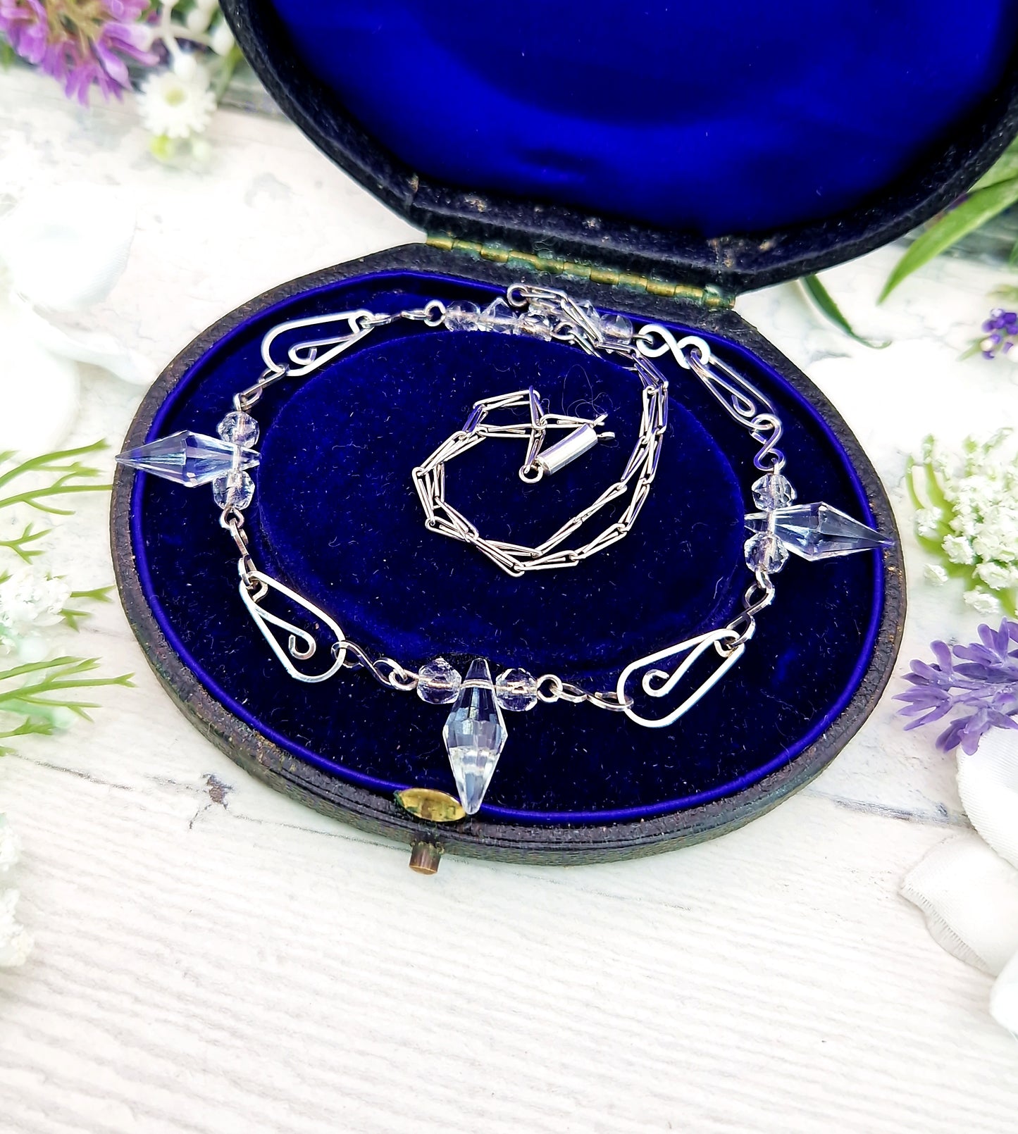 Antique Art Deco 1920's Sterling Silver Ornate Crystal Bead Statement Necklace