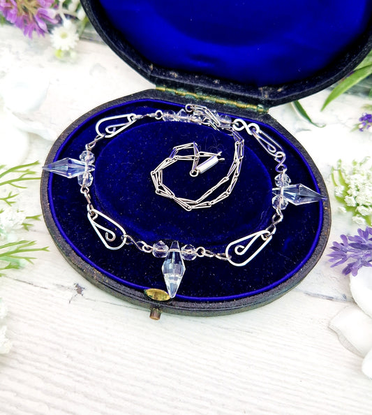Antique Art Deco 1920's Sterling Silver Ornate Crystal Bead Statement Necklace
