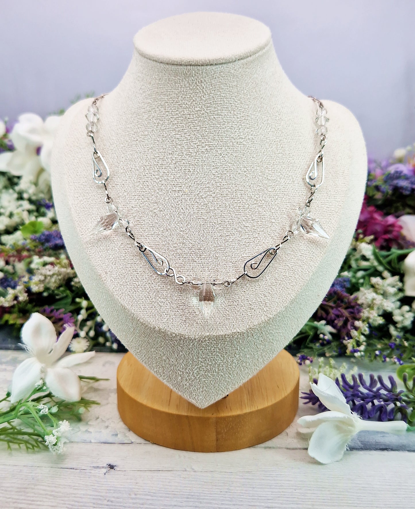 Antique Art Deco 1920's Sterling Silver Ornate Crystal Bead Statement Necklace