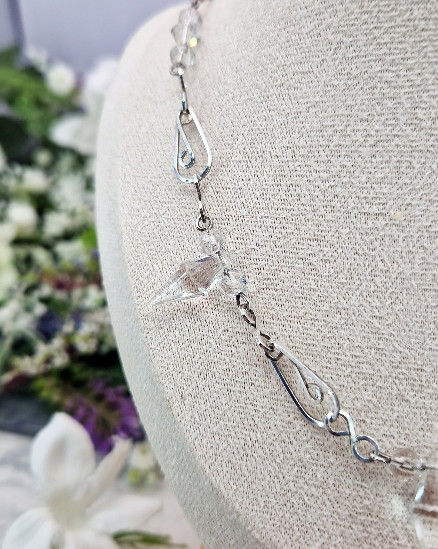 Antique Art Deco 1920's Sterling Silver Ornate Crystal Bead Statement Necklace