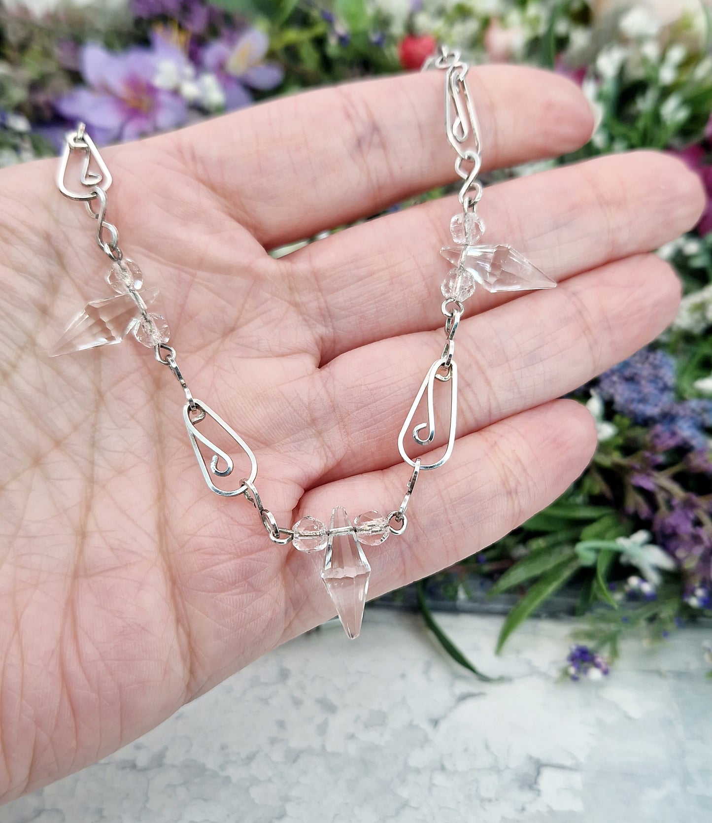 Antique Art Deco 1920's Sterling Silver Ornate Crystal Bead Statement Necklace