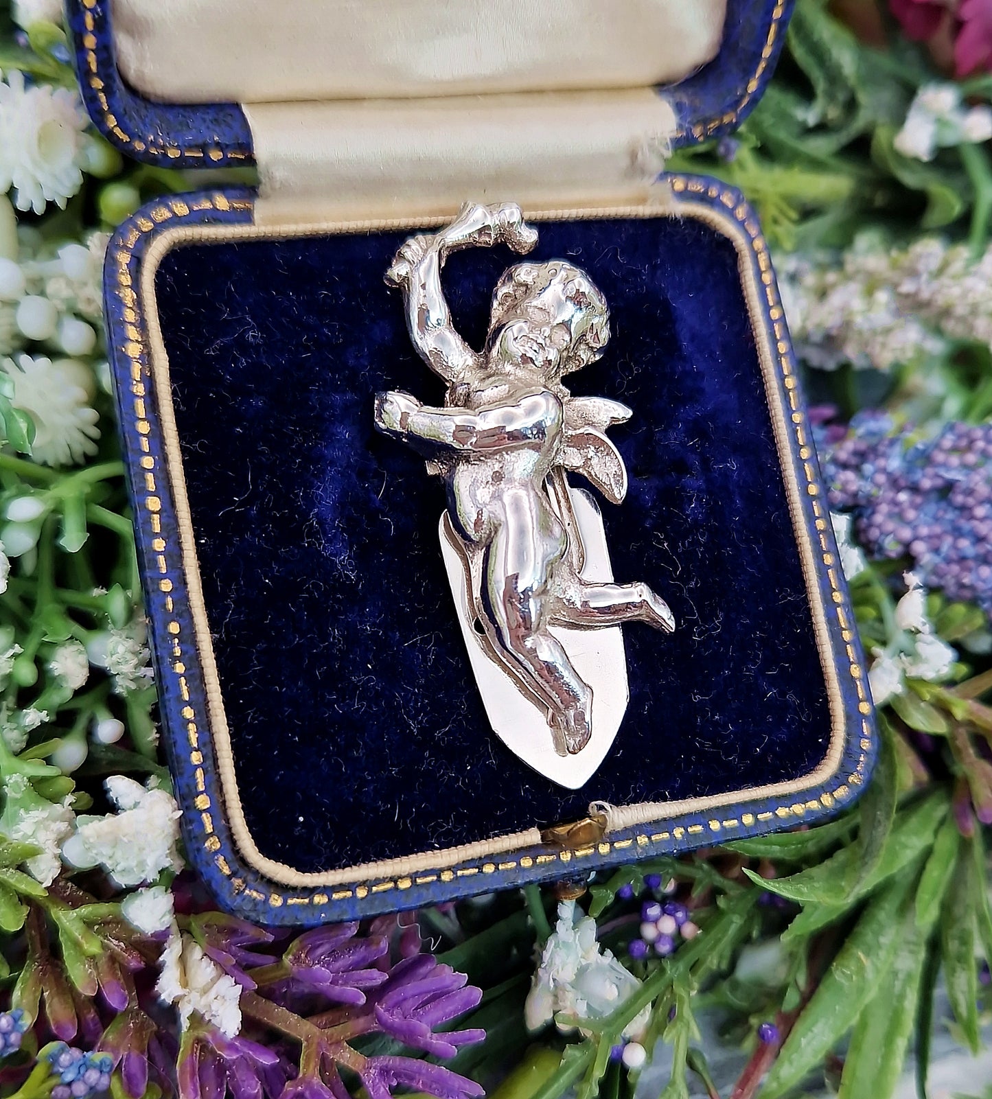 Vintage French Sterling Silver Sculpted Cherub Dress Clip by KEIM Ltd London