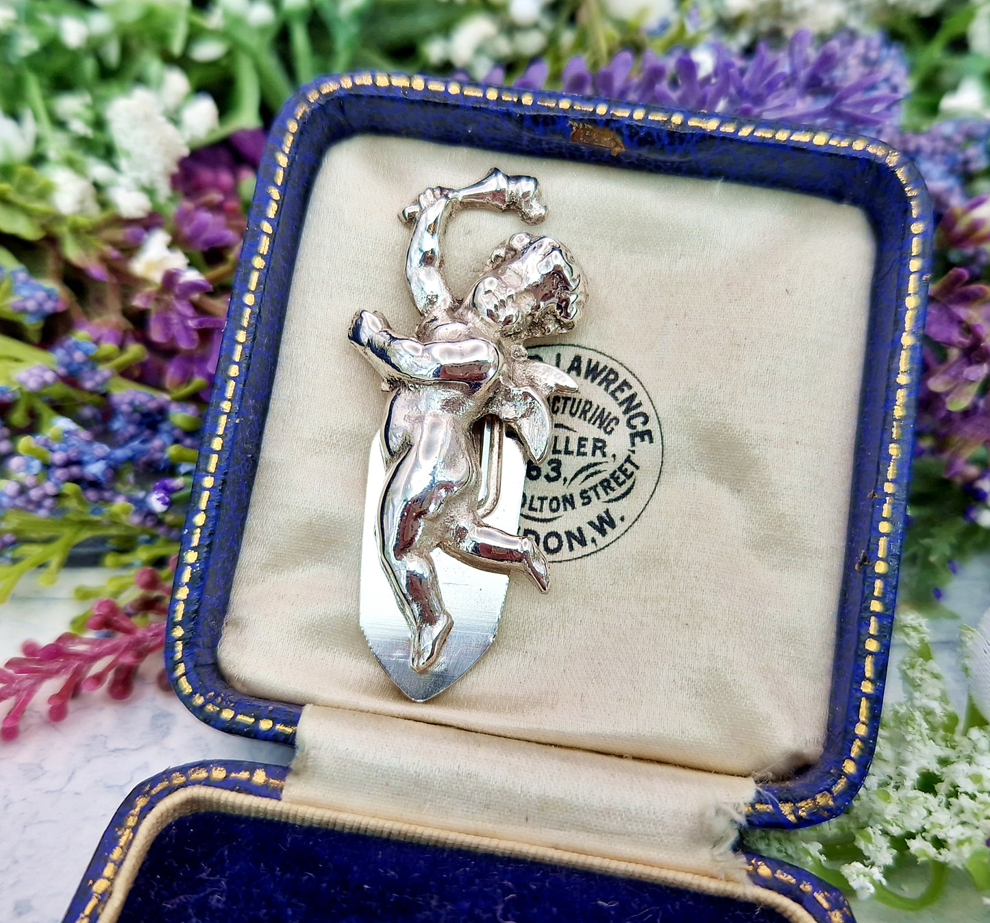 Vintage French Sterling Silver Sculpted Cherub Dress Clip by KEIM Ltd London
